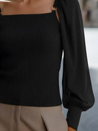 Ribbed Knit Top With Chiffon Balloon Sleeves